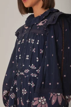 FARM Rio DARK BLUE AINIKA MARTINA LONG SLEEVE MIDI DRESS