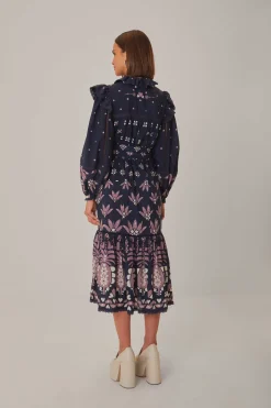 FARM Rio DARK BLUE AINIKA MARTINA LONG SLEEVE MIDI DRESS