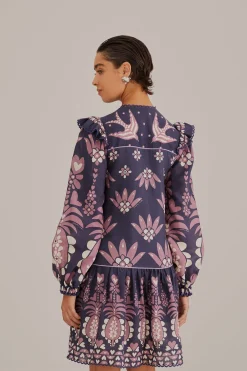 FARM Rio  DARK BLUE AINIKA MARTINA LONG SLEEVE MINI DRESS