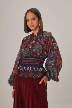 FARM Rio DARK BLUE TROPICAL SHINE V NECK BLOUSE