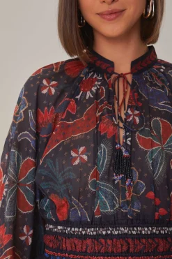 FARM Rio  DARK BLUE TROPICAL SHINE V NECK BLOUSE