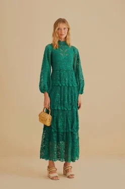 FARM Rio DARK GREEN GUIPURE LONG SLEEVE MAXI DRESS