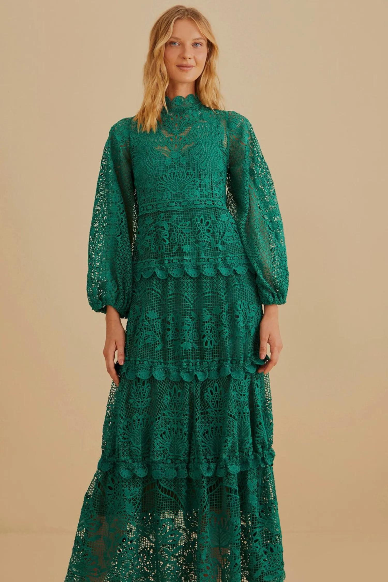 FARM Rio DARK GREEN GUIPURE LONG SLEEVE MAXI DRESS