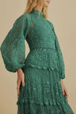 FARM Rio DARK GREEN GUIPURE LONG SLEEVE MAXI DRESS