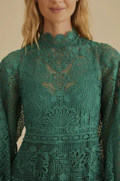 FARM Rio DARK GREEN GUIPURE LONG SLEEVE MAXI DRESS