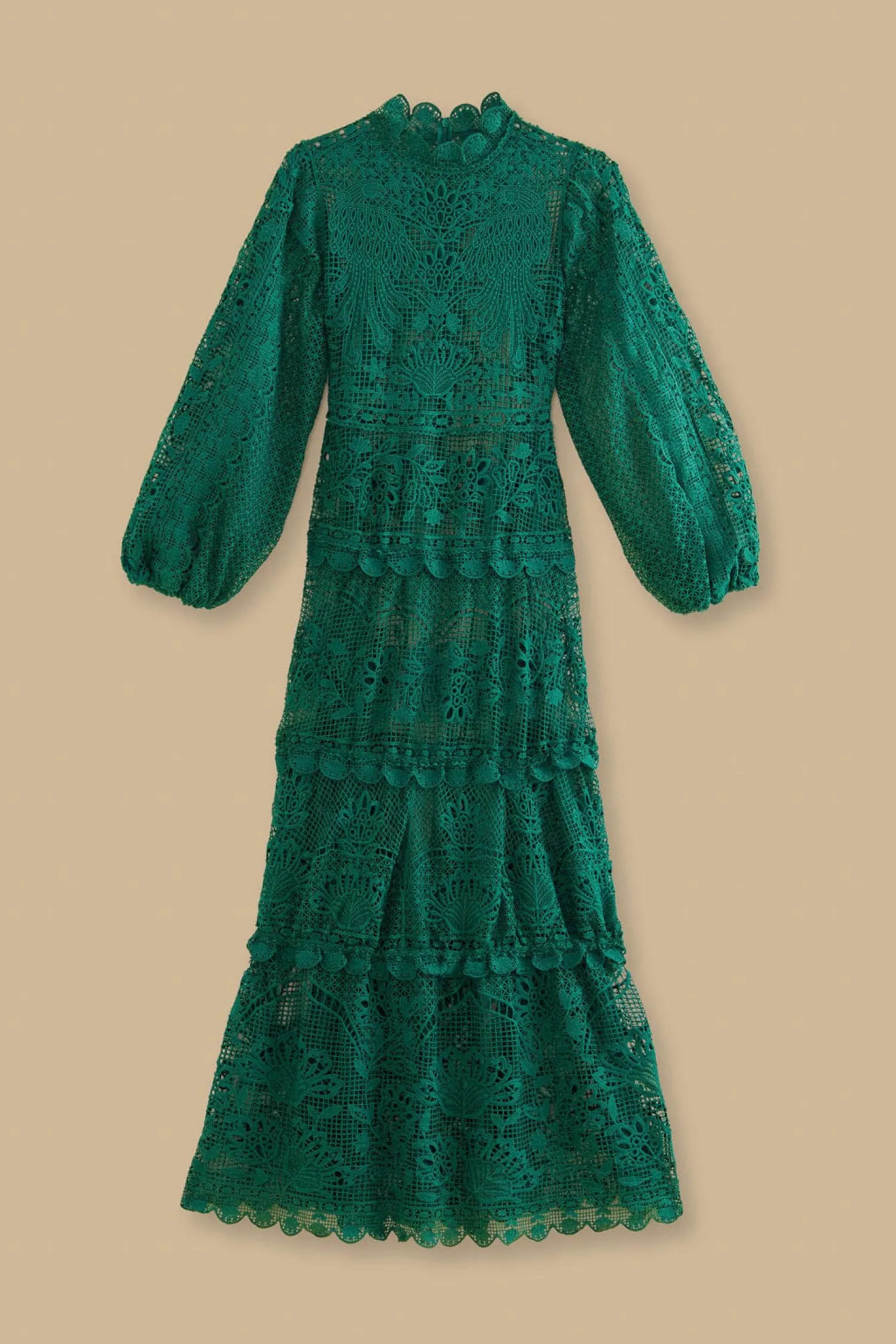 FARM Rio DARK GREEN GUIPURE LONG SLEEVE MAXI DRESS