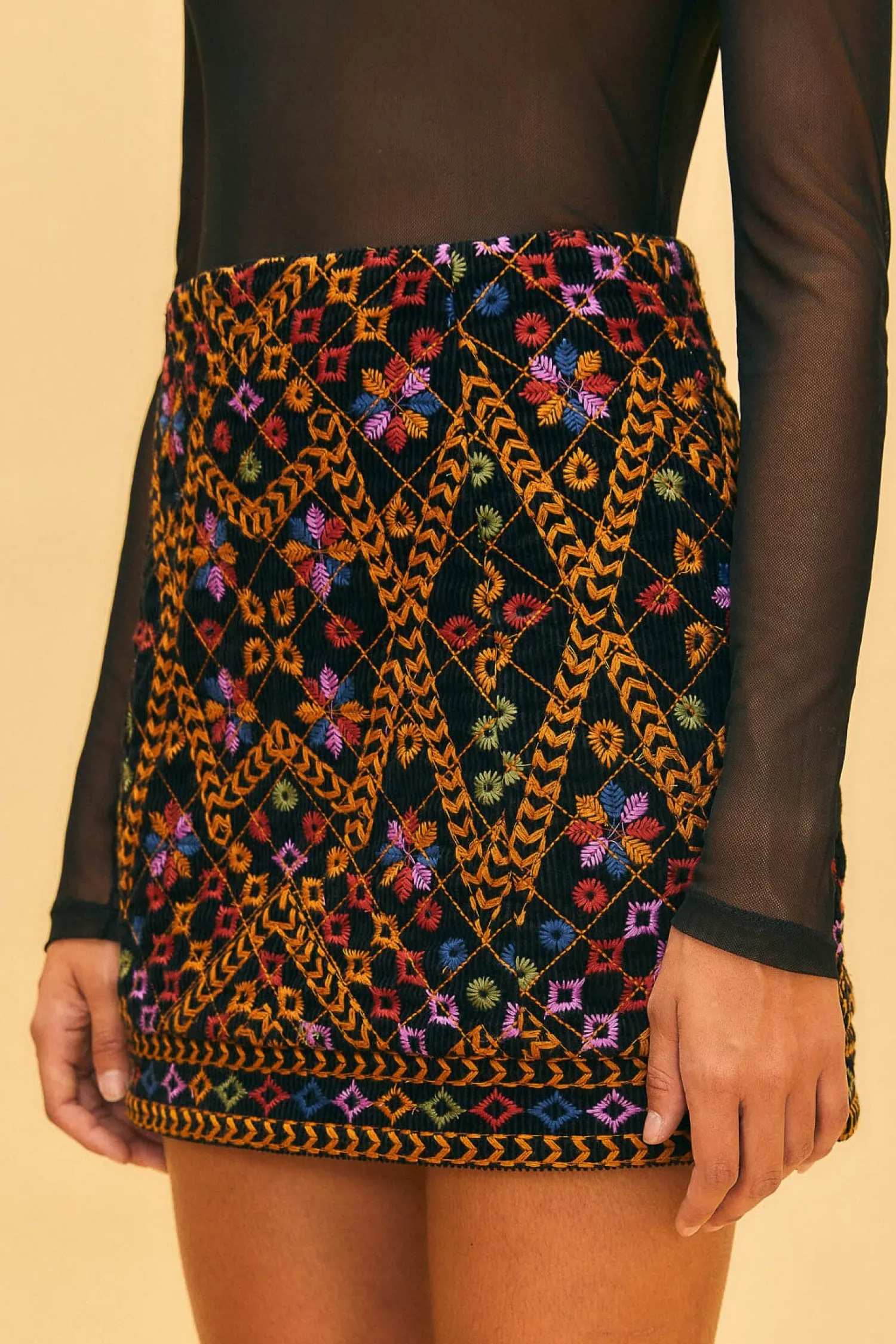 FARM Rio EMBROIDERED CORDUROY MINI SKIRT