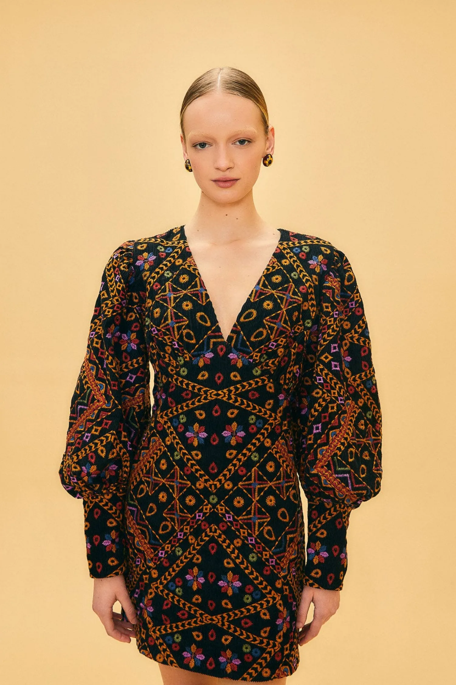 FARM Rio EMBROIDERED CORDUROY PUFF SLEEVE MINI DRESS