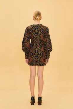 FARM Rio EMBROIDERED CORDUROY PUFF SLEEVE MINI DRESS