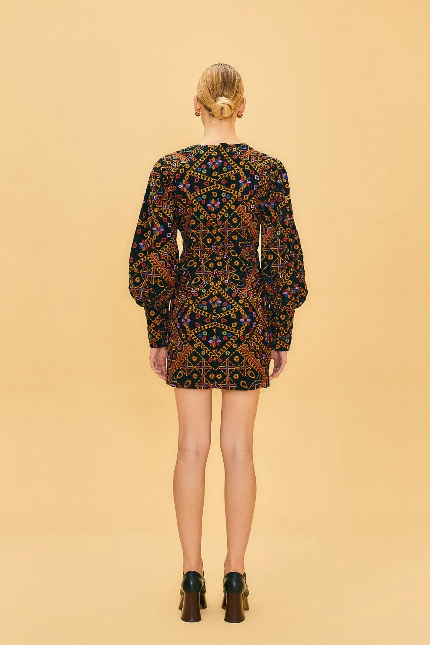 FARM Rio EMBROIDERED CORDUROY PUFF SLEEVE MINI DRESS