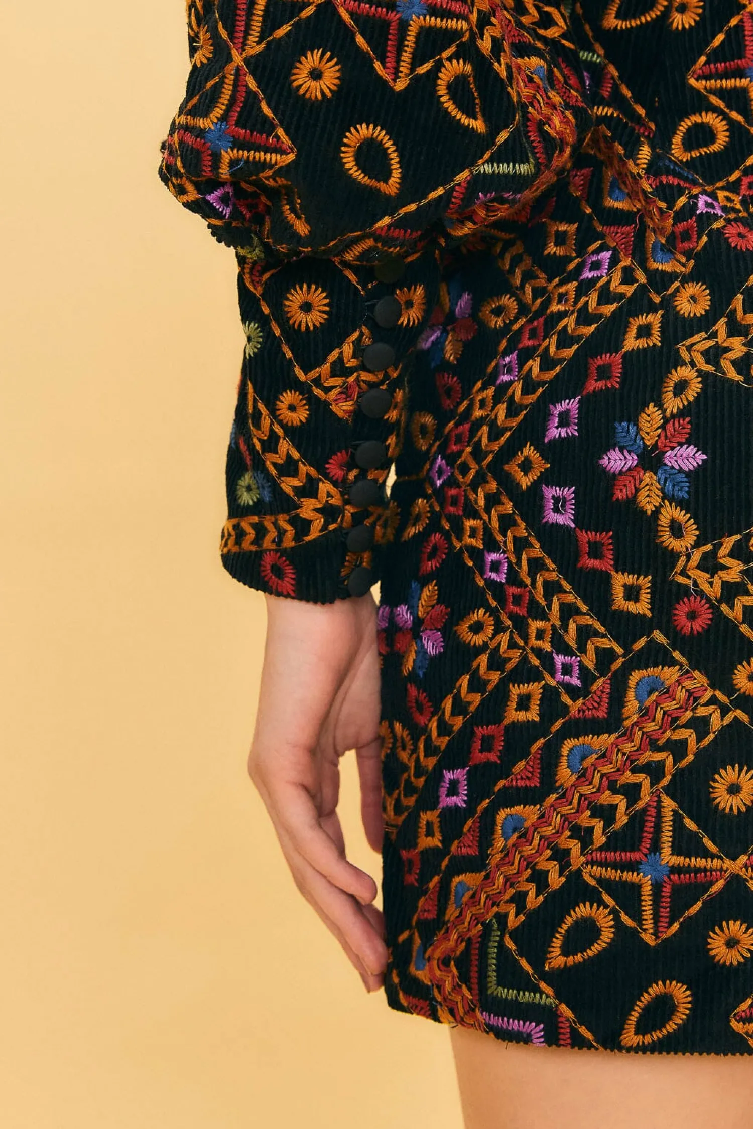 FARM Rio EMBROIDERED CORDUROY PUFF SLEEVE MINI DRESS