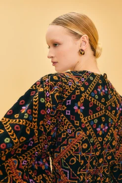 FARM Rio EMBROIDERED CORDUROY PUFF SLEEVE MINI DRESS