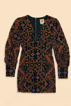 FARM Rio EMBROIDERED CORDUROY PUFF SLEEVE MINI DRESS