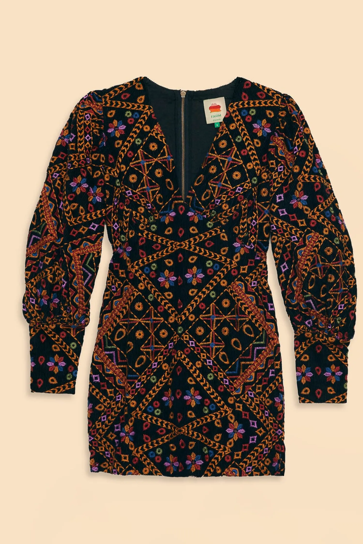 FARM Rio EMBROIDERED CORDUROY PUFF SLEEVE MINI DRESS