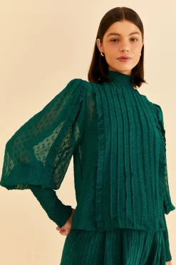 FARM Rio EMERALD RUFFLE LONG SLEEVE BLOUSE