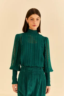FARM Rio  EMERALD RUFFLE LONG SLEEVE BLOUSE