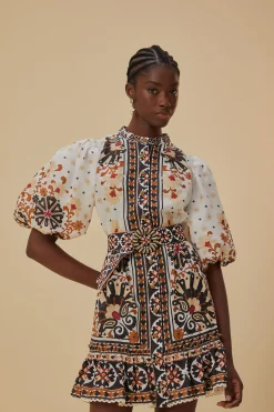 FARM Rio FLOWER FAN TAPESTRY OFF-WHITE MINI DRESS