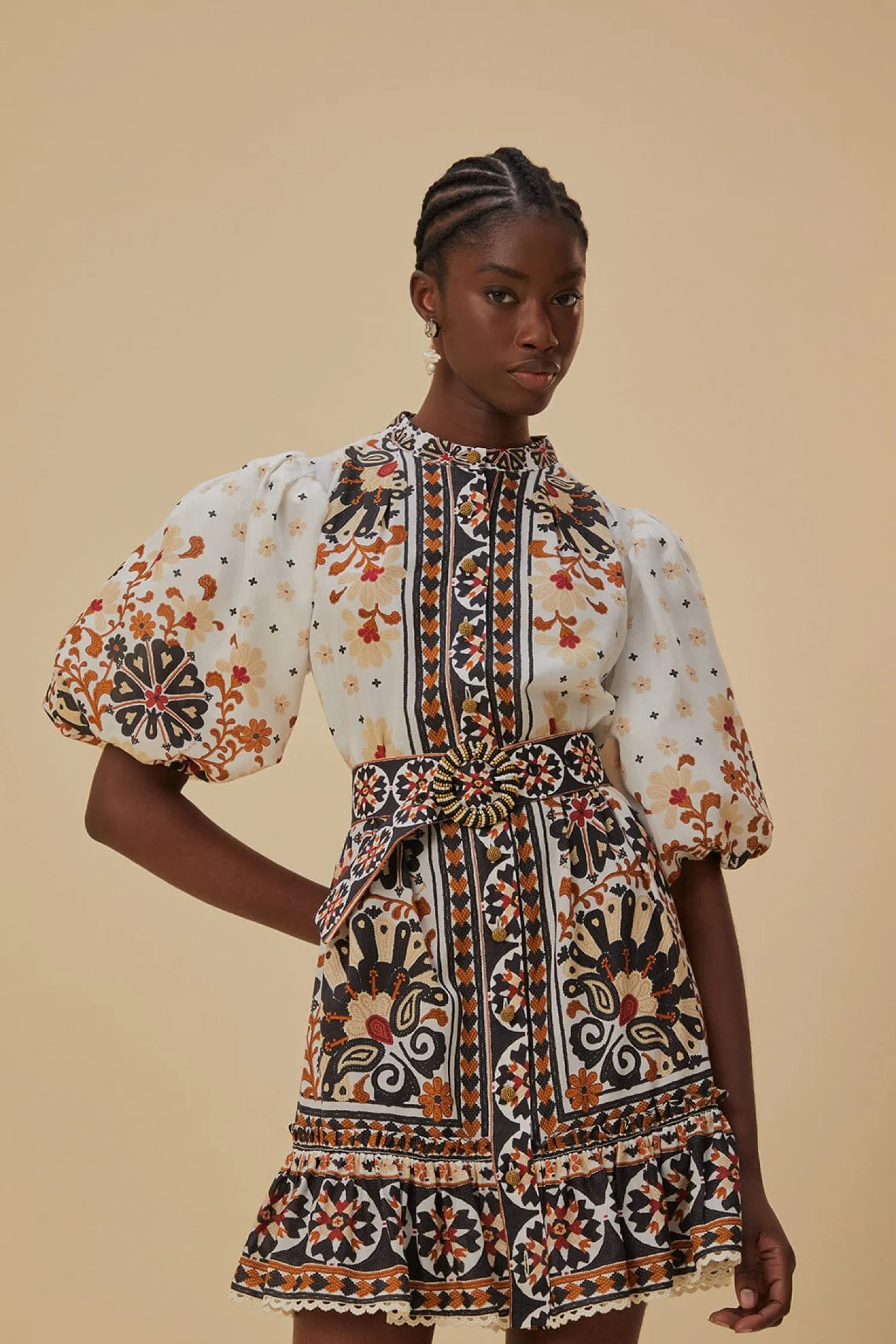 FARM Rio FLOWER FAN TAPESTRY OFF-WHITE MINI DRESS