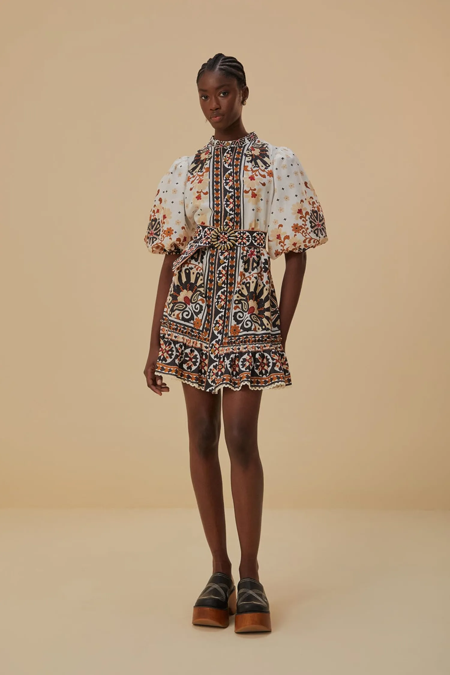 FARM Rio FLOWER FAN TAPESTRY OFF-WHITE MINI DRESS