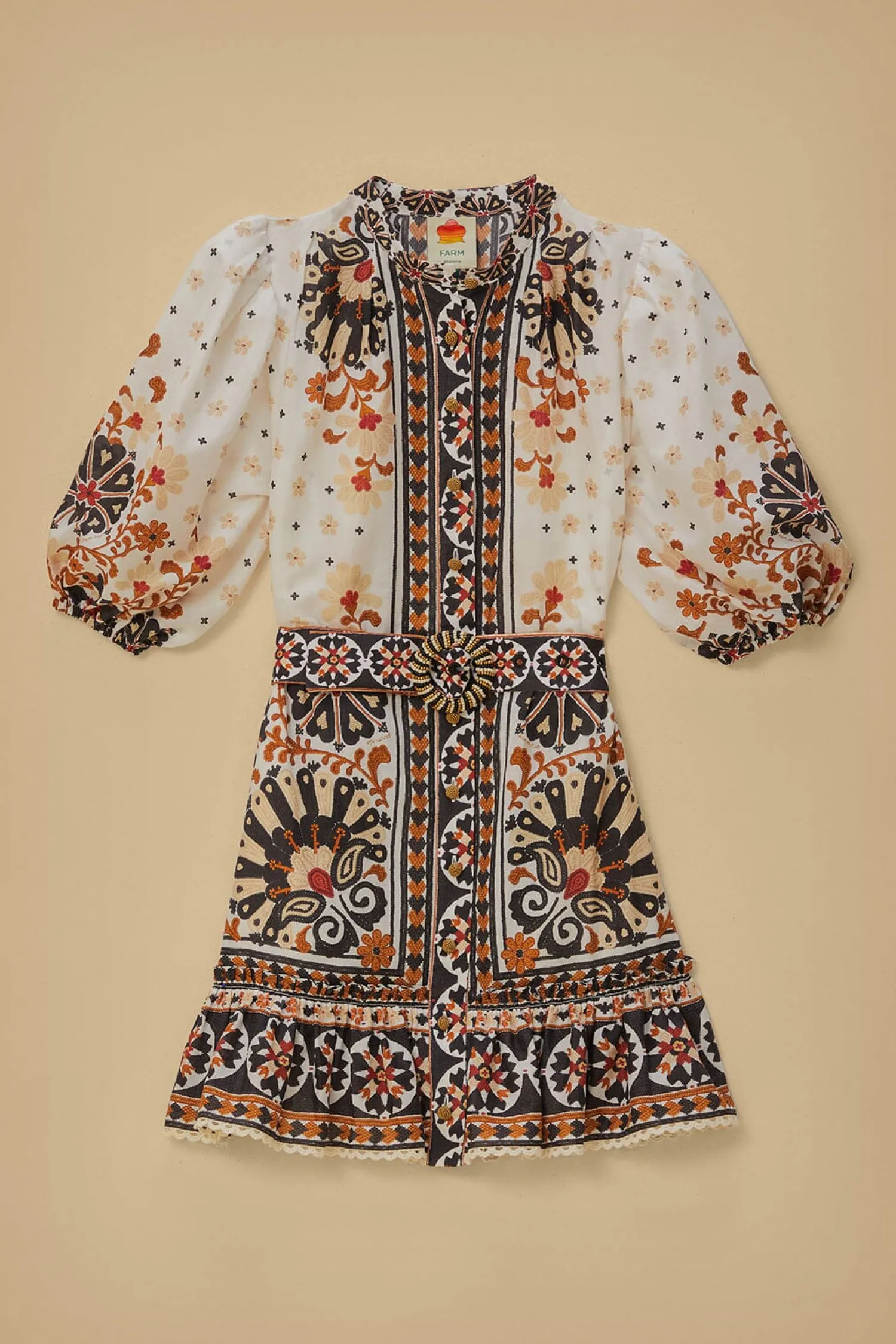 FARM Rio FLOWER FAN TAPESTRY OFF-WHITE MINI DRESS