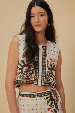 FARM Rio FLOWER FAN TAPESTRY OFF-WHITE CROPPED