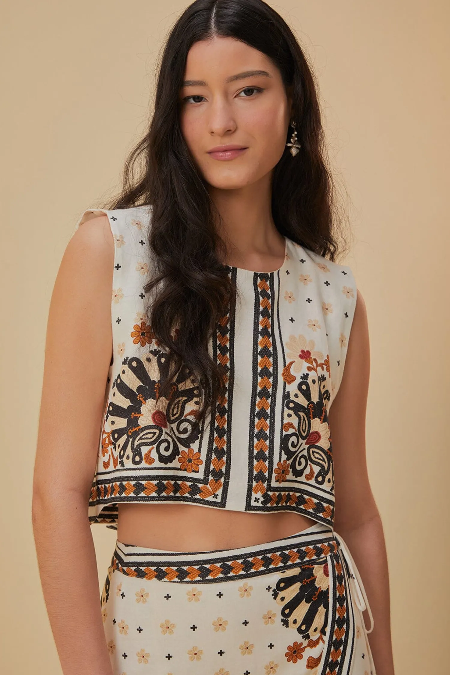 FARM Rio FLOWER FAN TAPESTRY OFF-WHITE CROPPED