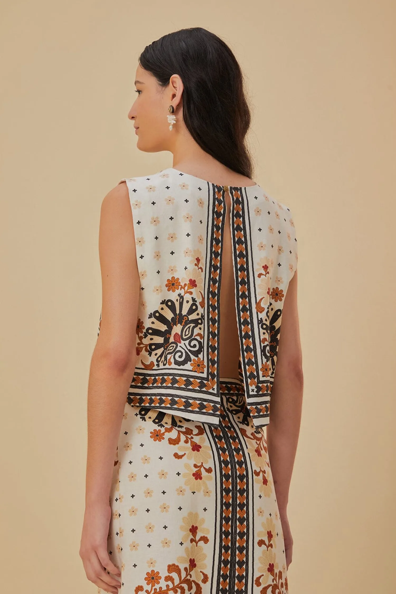 FARM Rio FLOWER FAN TAPESTRY OFF-WHITE CROPPED