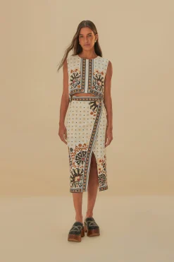 FARM Rio  FLOWER FAN TAPESTRY OFF-WHITE WRAP MIDI SKIRT