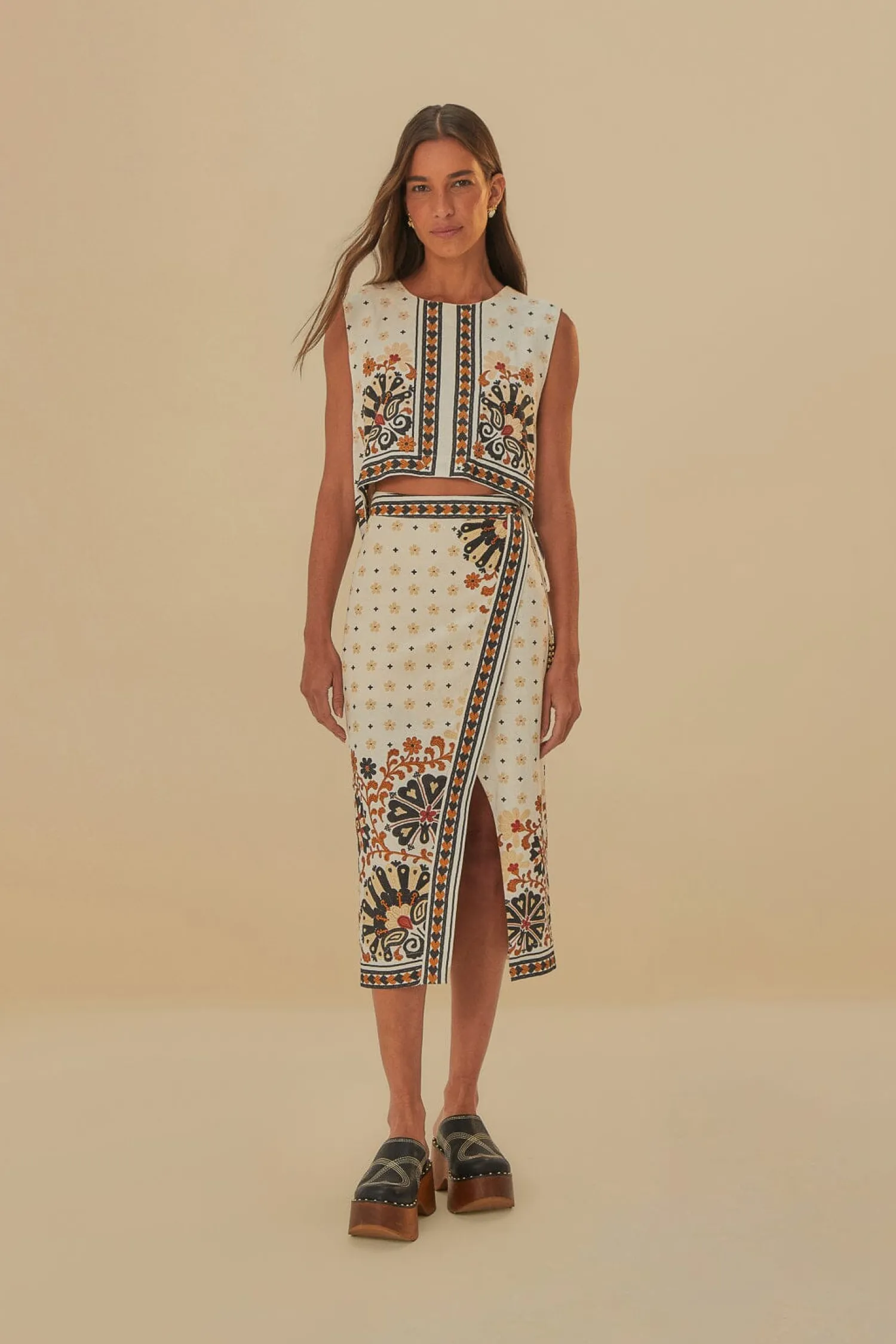 FARM Rio FLOWER FAN TAPESTRY OFF-WHITE WRAP MIDI SKIRT