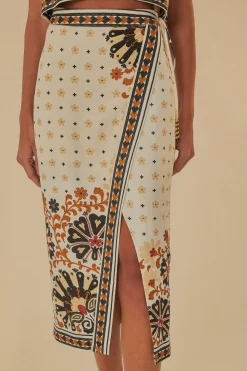 FARM Rio  FLOWER FAN TAPESTRY OFF-WHITE WRAP MIDI SKIRT