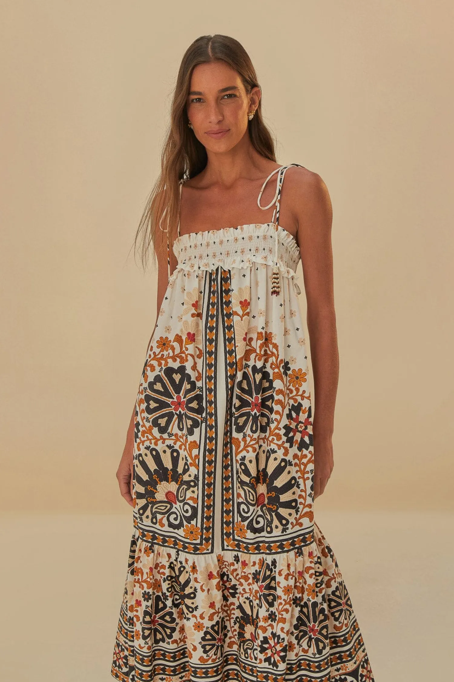 FARM Rio FLOWER FAN TAPESTRY OFF-WHITE MIDI DRESS