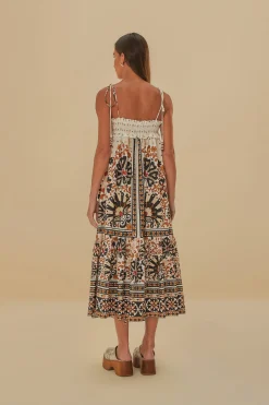 FARM Rio FLOWER FAN TAPESTRY OFF-WHITE MIDI DRESS