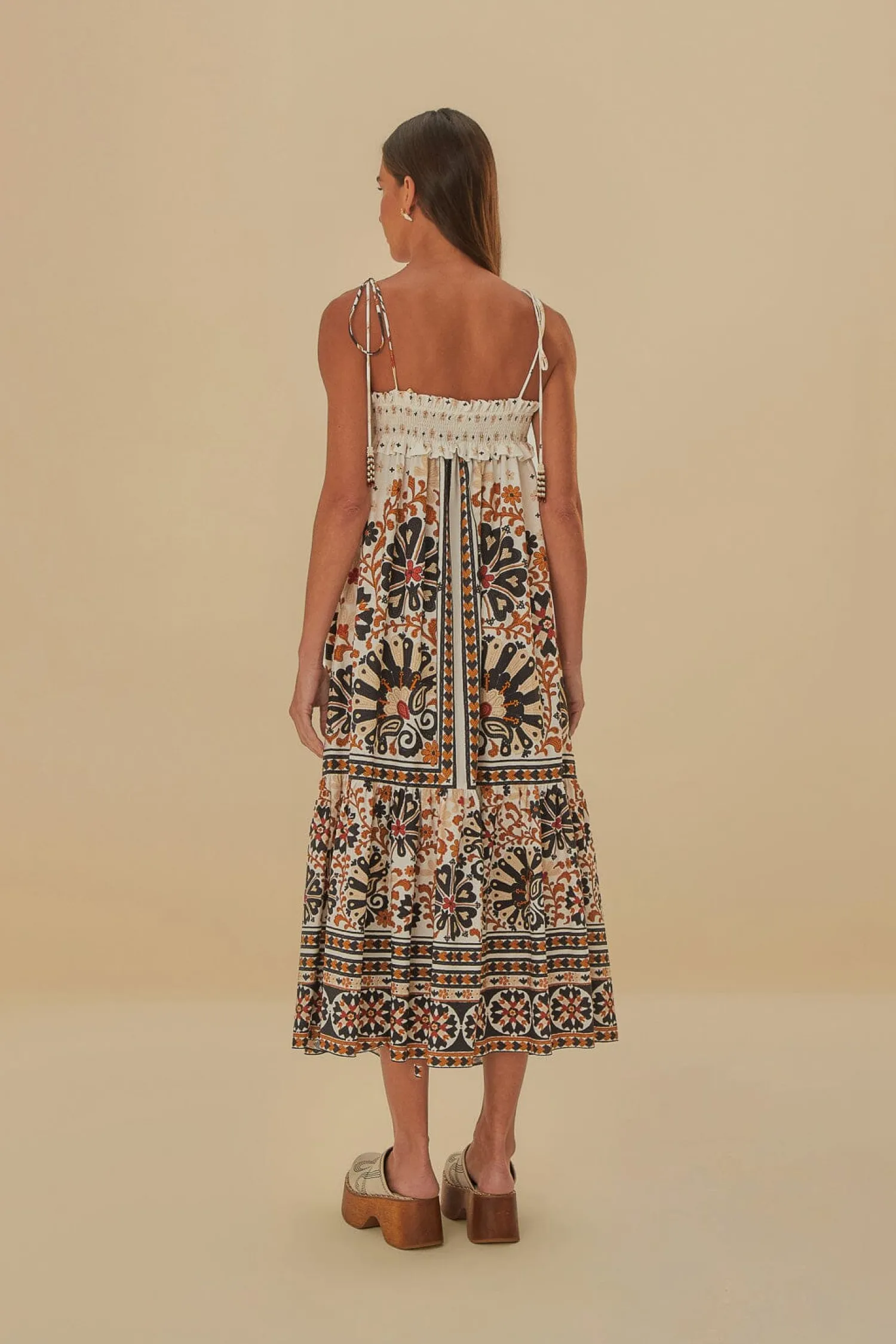 FARM Rio FLOWER FAN TAPESTRY OFF-WHITE MIDI DRESS