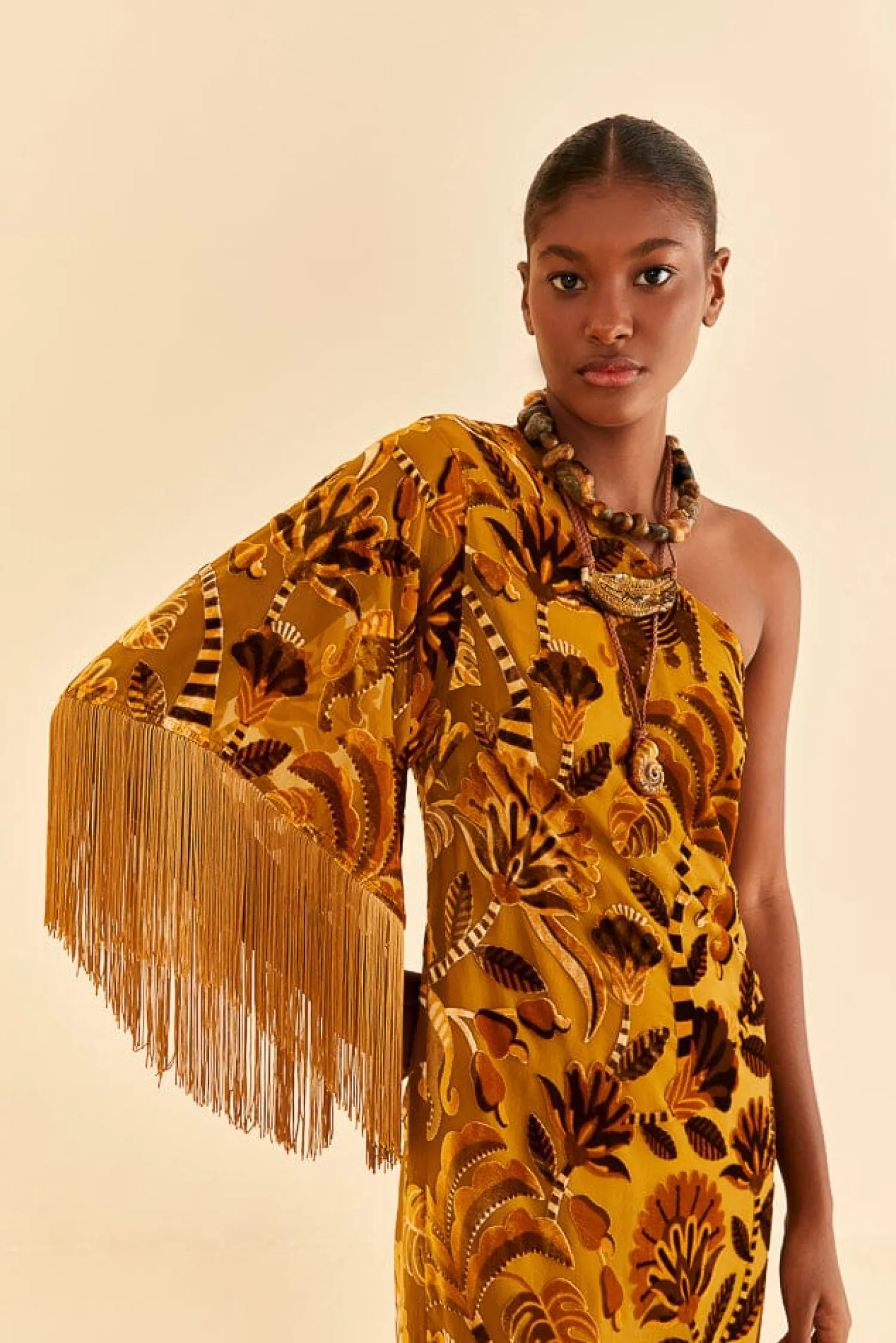 FARM Rio GOLDEN YELLOW VELVET ONE SHOULDER FRINGE DRESS