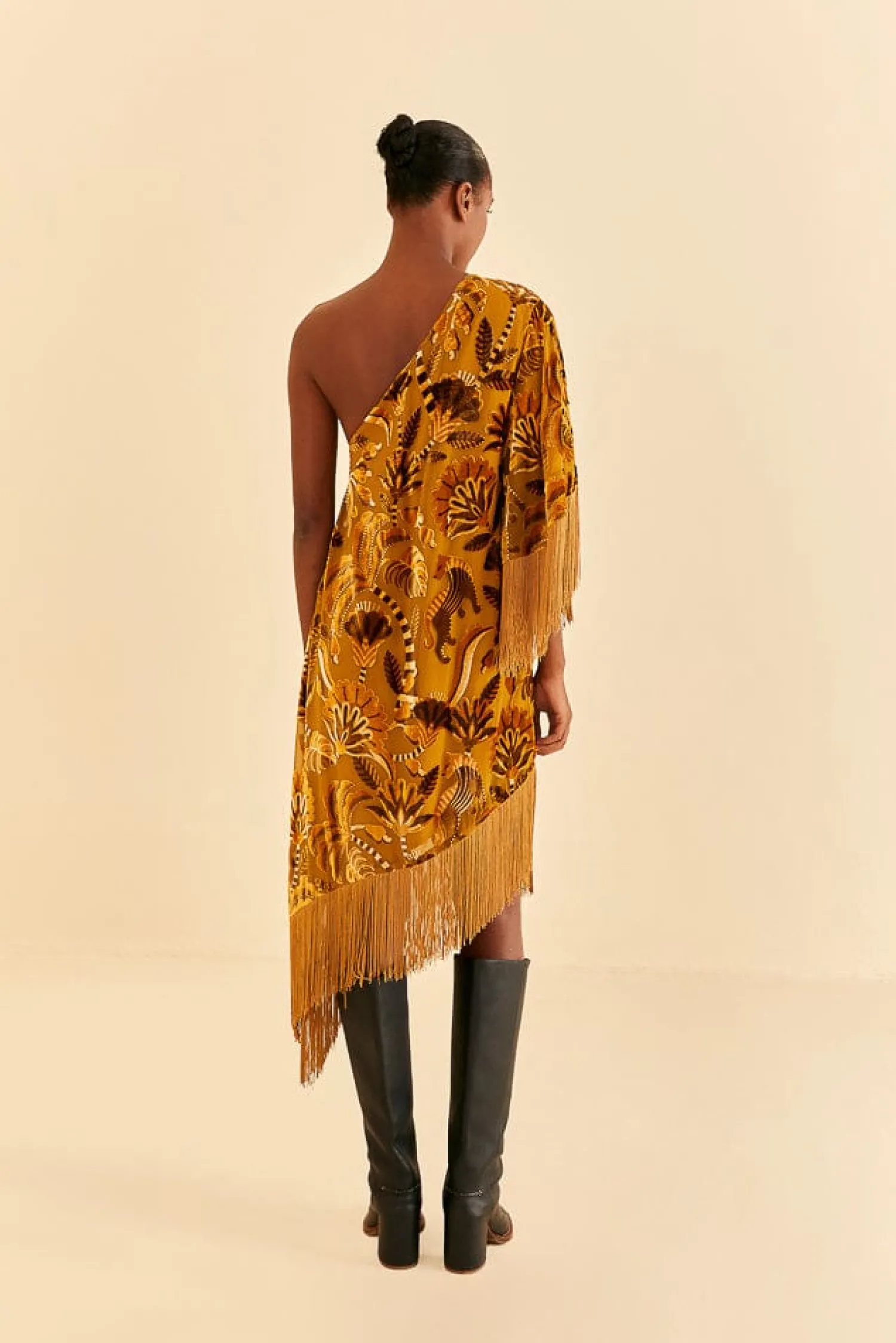 FARM Rio GOLDEN YELLOW VELVET ONE SHOULDER FRINGE DRESS