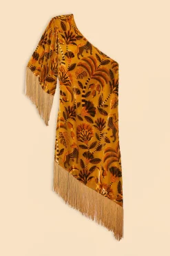 FARM Rio GOLDEN YELLOW VELVET ONE SHOULDER FRINGE DRESS