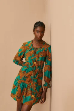 FARM Rio GREEN ARTSY LEOPARDS LONG SLEEVE MINI DRESS
