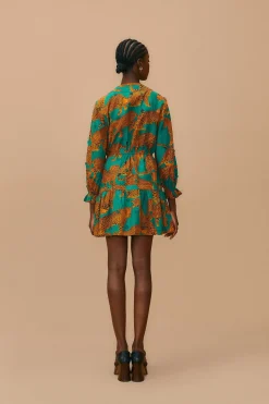 FARM Rio GREEN ARTSY LEOPARDS LONG SLEEVE MINI DRESS