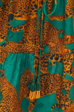 FARM Rio GREEN ARTSY LEOPARDS LONG SLEEVE MINI DRESS