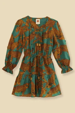 FARM Rio GREEN ARTSY LEOPARDS LONG SLEEVE MINI DRESS