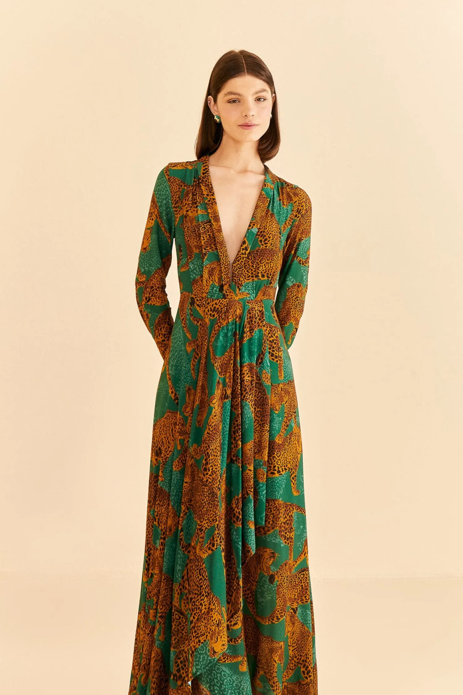 FARM Rio GREEN ARTSY LEOPARDS LONG SLEEVE MAXI DRESS