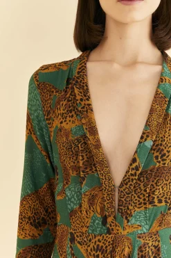 FARM Rio GREEN ARTSY LEOPARDS LONG SLEEVE MAXI DRESS