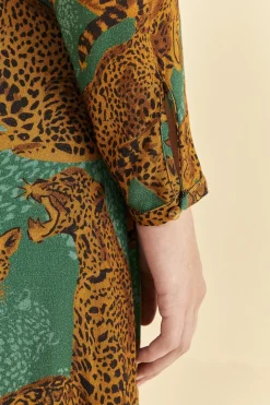 FARM Rio GREEN ARTSY LEOPARDS LONG SLEEVE MAXI DRESS