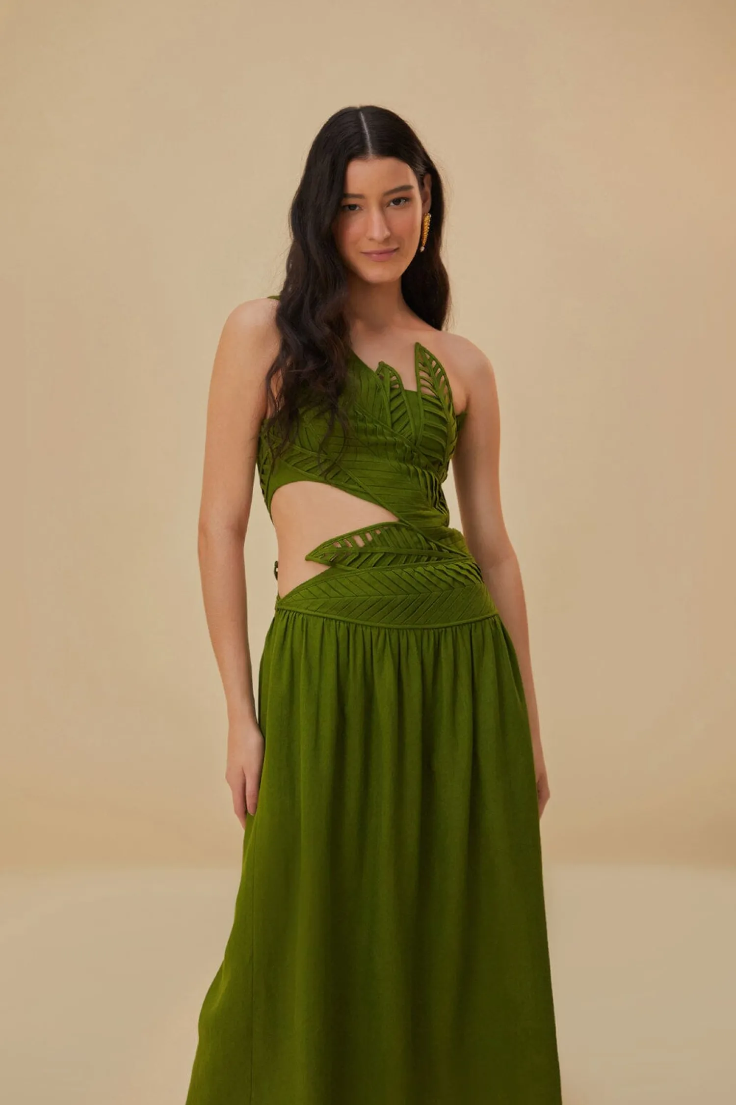 FARM Rio GREEN LEAVES CUT OUT MIDI DRESS