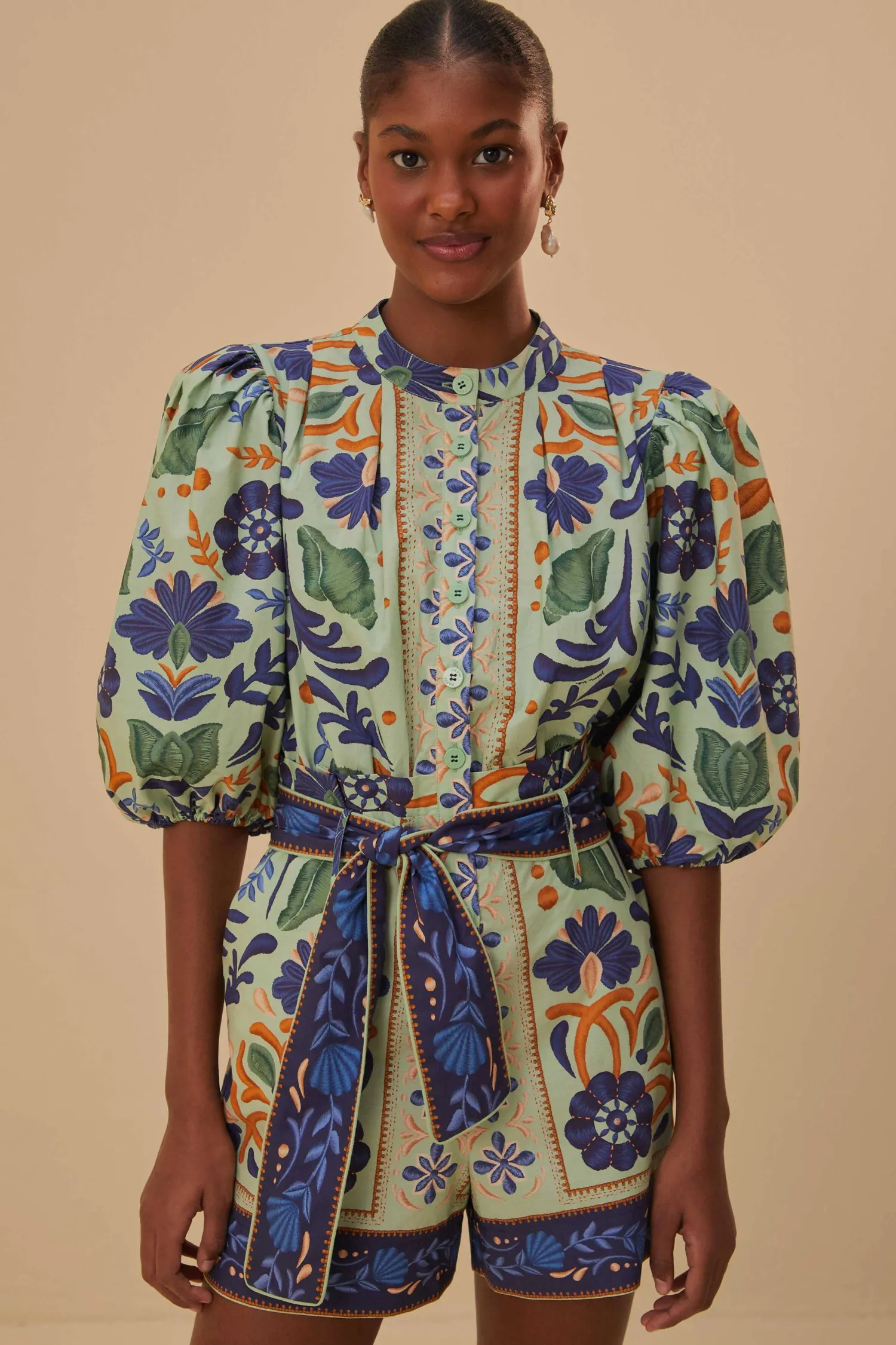 FARM Rio GREEN OCEAN TAPESTRY BELTED ROMPER