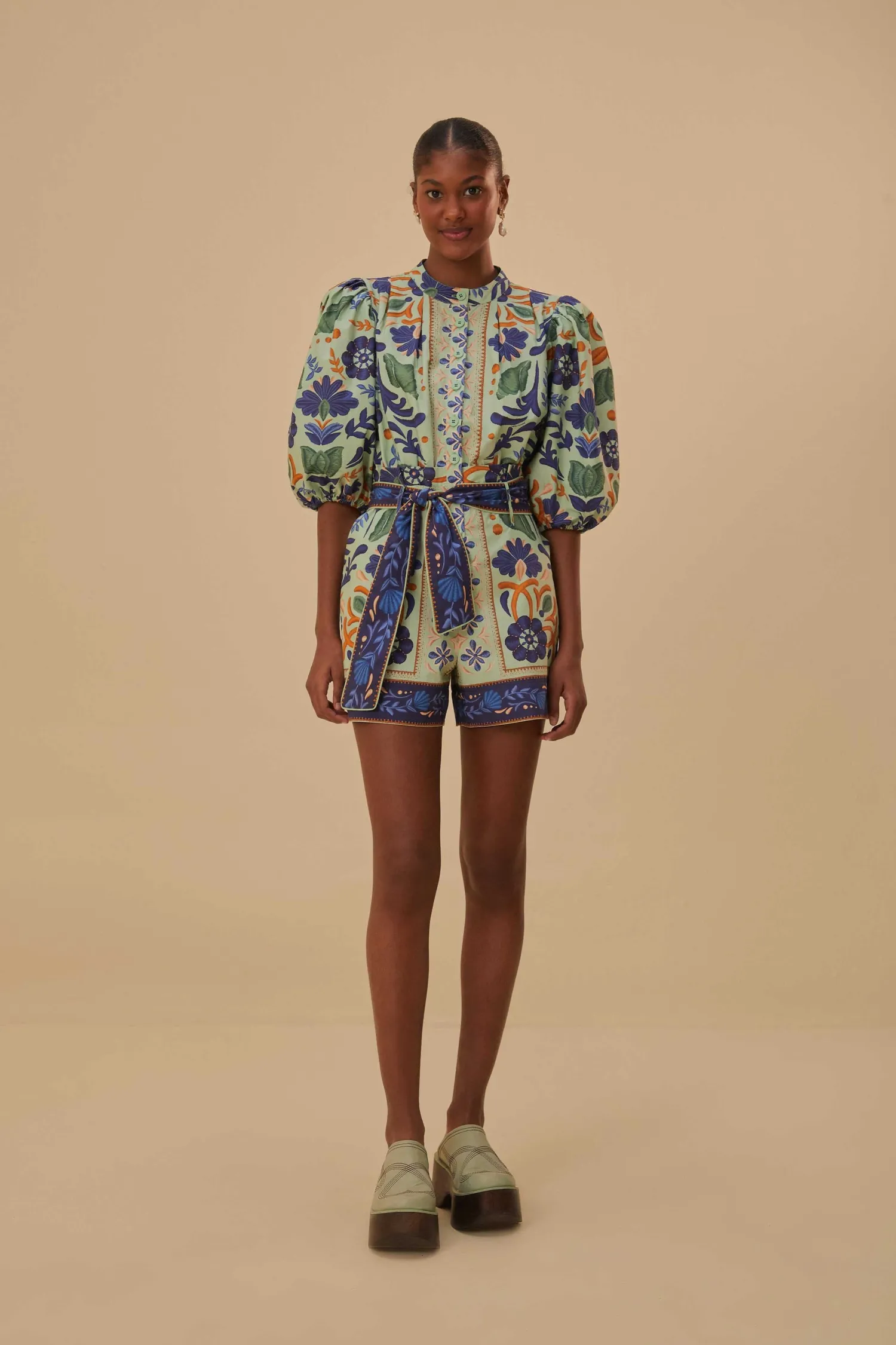 FARM Rio GREEN OCEAN TAPESTRY BELTED ROMPER