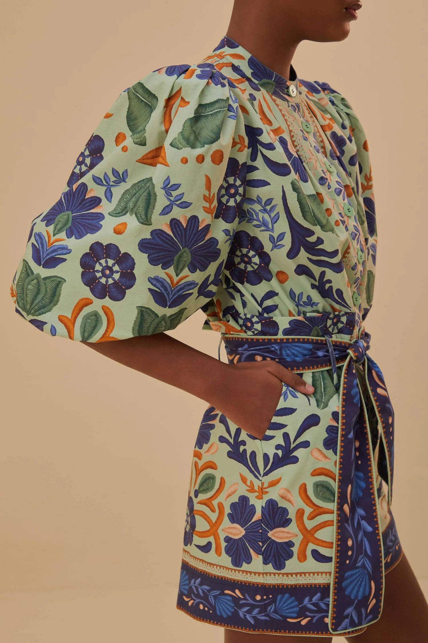 FARM Rio GREEN OCEAN TAPESTRY BELTED ROMPER