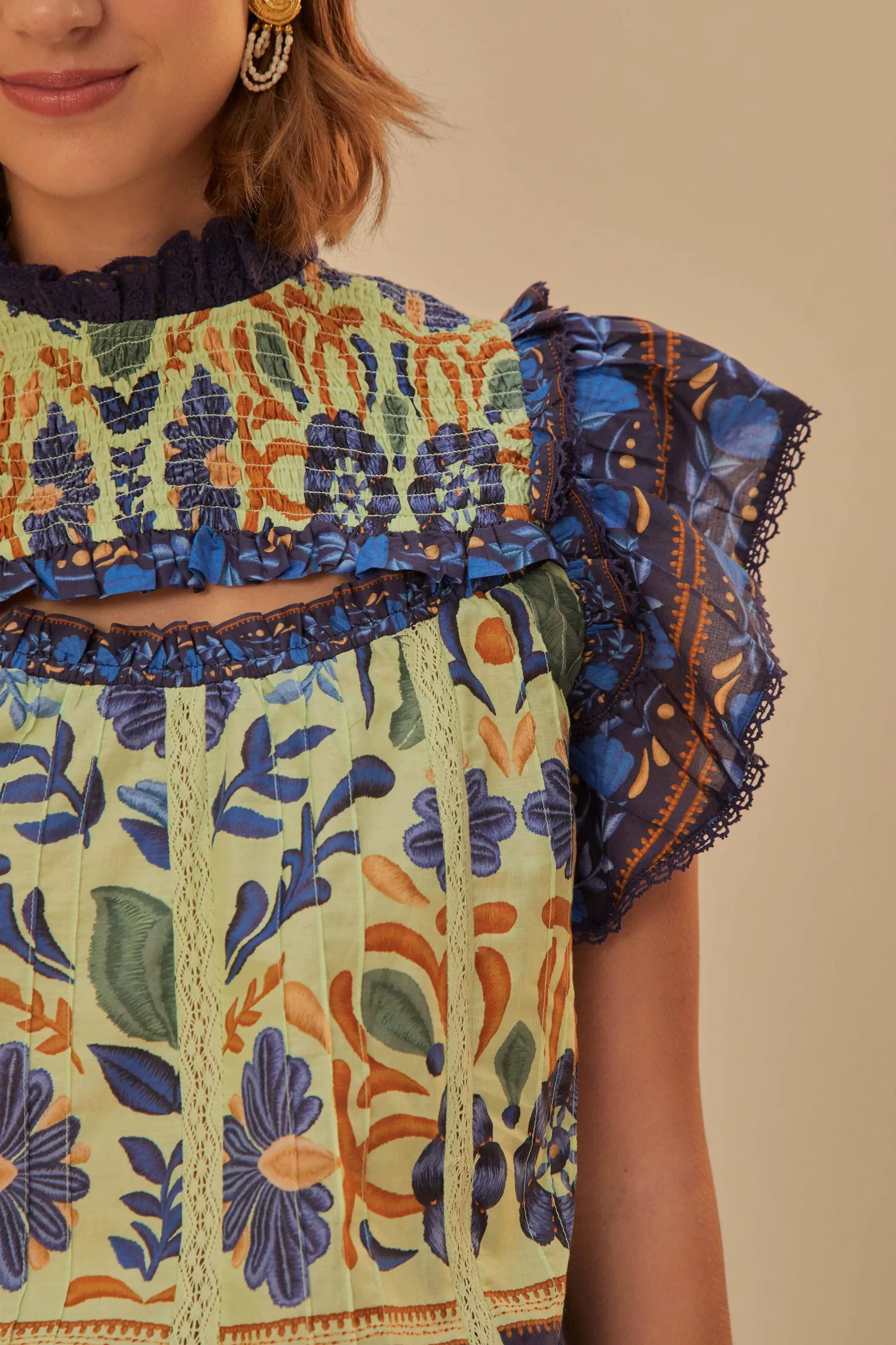 FARM Rio GREEN OCEAN TAPESTRY LACE BLOUSE