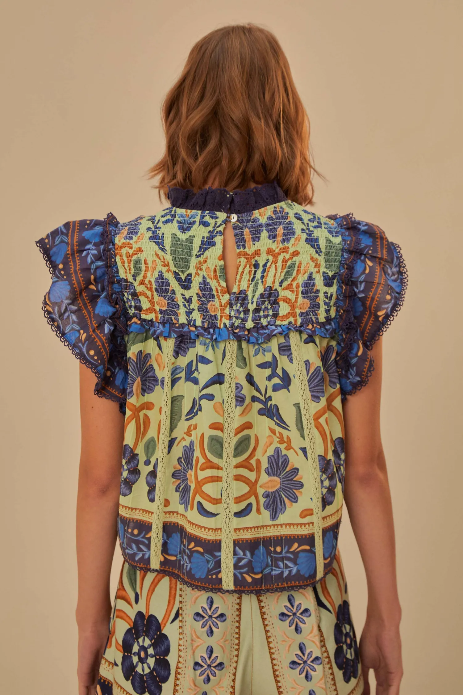 FARM Rio GREEN OCEAN TAPESTRY LACE BLOUSE