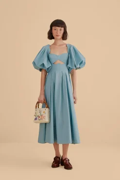 FARM Rio GREY BLUE CUT OUT MIDI DRESS